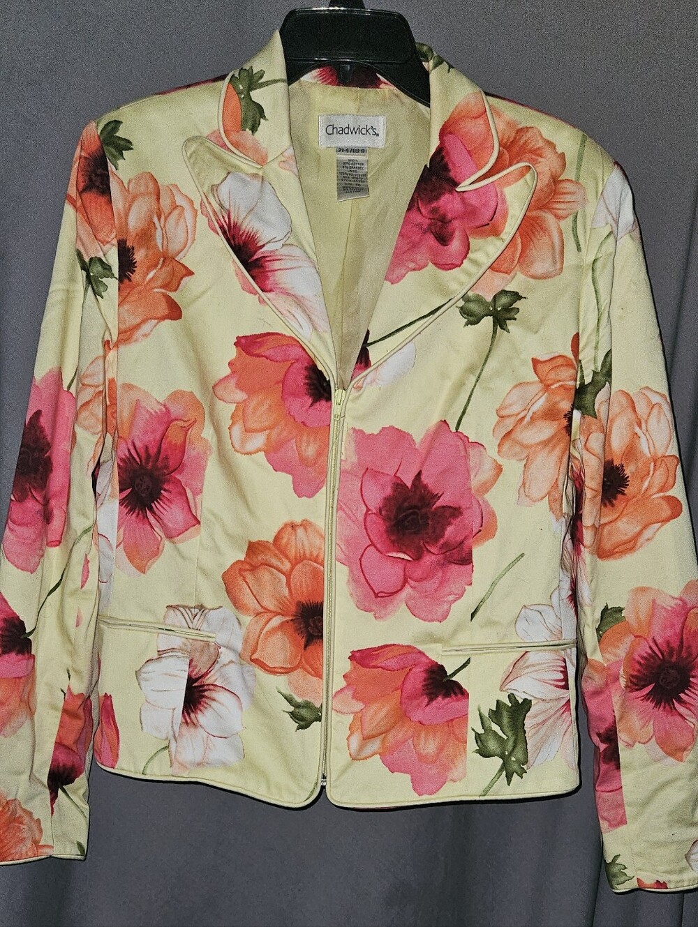 Chadwicks Floral Zip-Front Womens Jacket in Yellow with Pink & Orange Blooms